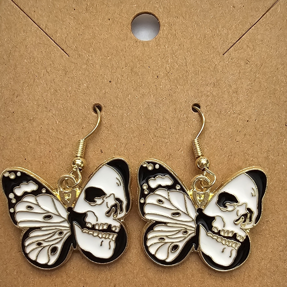 Gorgeous Skull in Butterfly Wings Gold Tone Earring